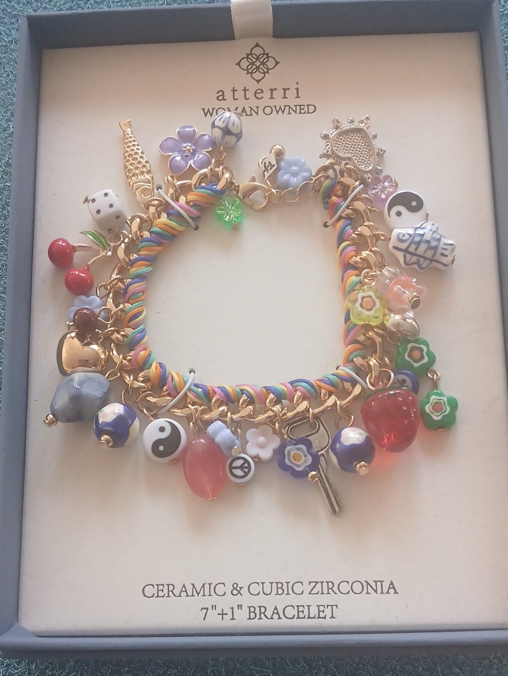 Atterri Gold Multicolor Ceramic & Cubic Zirconia Charm Bracelet 7" +1"